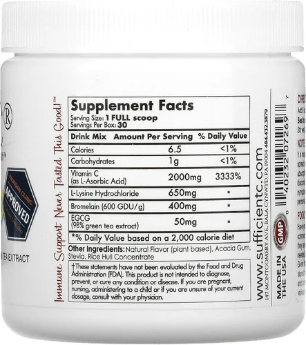 Vista 2 de Sufficient-C Mezcla de bebida inmune de limón y melocotón de alta dosis de vitamina C, 4.41 oz, paquete de tres (3)