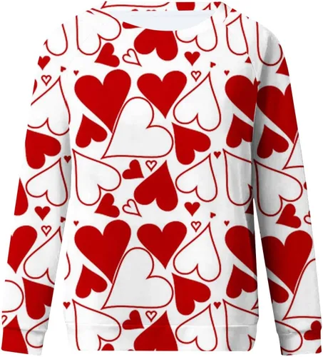 Vista 4 de Camisas de San Valentín para mujer, casual, con estampado de corazón, manga larga, cuello redondo, suéter de ajuste holgado 2024