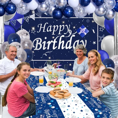 Vista 7 de Decoraciones de cumpleaños azules para hombres, decoraciones de feliz cumpleaños para hombres, mujeres, niños, decoración de fiesta, telón de fondo