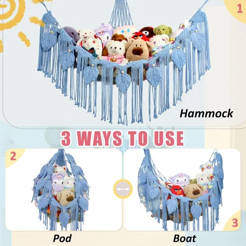 Vista 3 de Hamaca de animales de peluche, red de peluche en la esquina para almacenamiento de animales de peluche, red montada en la pared, organizador de Azul