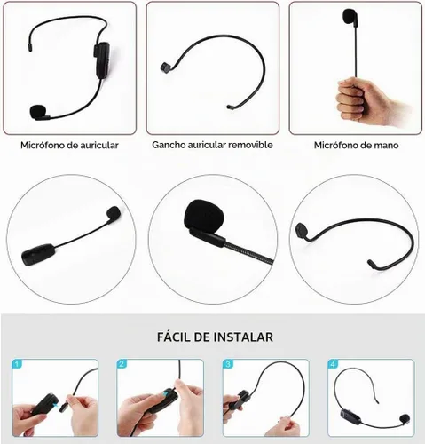 Vista 3 de Auriculares de micrófono inalámbrico, transmisor UHF recargable y sistema de micrófonos receptores, micrófono 2 en 1 para amplificador de voz