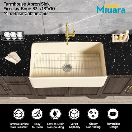 Vista 2 de Miuara Farmhouse - Fregadero de cocina frontal con delantal de arcilla refractaria de hueso de 33 x 18 pulgadas For kitchen, Heavy duty fireclay