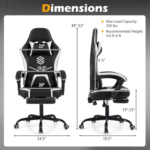 Vista 3 de GIANTEX Gaming Chair, Height Adjustable Computer Desk Chair with Headrest, Lumbar Support, Linkage Armrests, Reclining Backrest & Footrest Negro