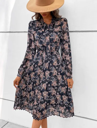 Vista 4 de HAOKEKE Vestidos de trabajo para mujer 2023 de manga larga de gasa negro vestido retro plisado botones abajo corbata lazo suelto vestidos casuales