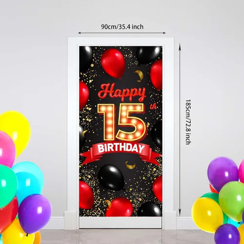 Vista 2 de Cartel de feliz cumpleaños número 15 rojo y negro, globos de fondo para decoración temática para niñas y mujeres, princesas de 15 años, suministros