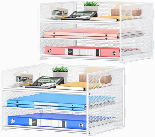 Vista 9 de SUBEKYU 2 paquetes de organizador de bandejas de cartas de 3 niveles para escritorio, organizador clasificador de archivos de malla metálica negra