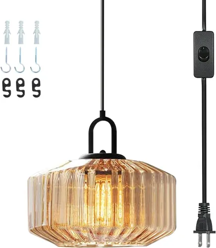 Vista 22 de Lámpara colgante enchufable de cristal azul, lámpara colgante dorada de altura ajustable con interruptor de encendido/apagado de cable de 14.7 pies