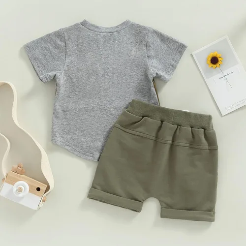 Vista 32 de Conjunto de ropa casual de manga corta con botones y pantalones cortos de lino para bebés y niños pequeños