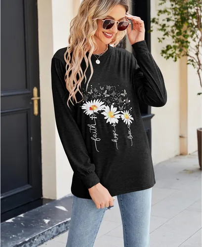 Vista 2 de Camiseta casual de manga larga para mujer, divertida, con estampado de girasol, abertura lateral, ajuste holgado