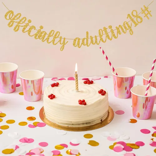 Vista 5 de Cartel oficial de 18 años con purpurina dorada para adultos, con texto en inglés "Time to Adult, Happy 18th Birthday", decoraciones de 18 años