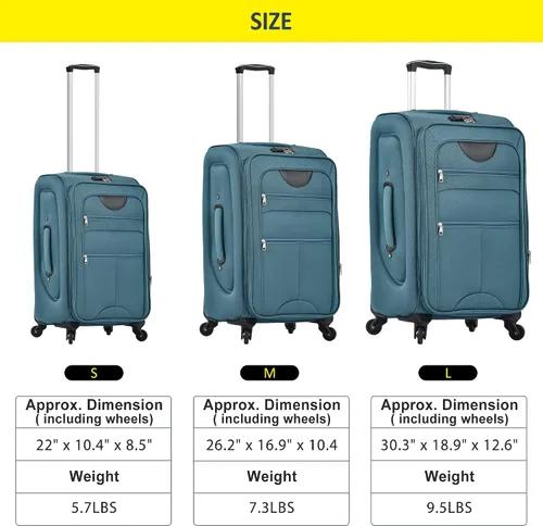 Vista 8 de Voohek Softside - Juego de 3 piezas expandible para maleta, equipaje ligero y ligero, Verde, Softside - Maleta extensible de 3 piezas, maleta