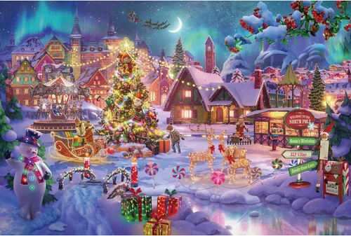 Vista 9 de Lavievert Rompecabezas de 1000 piezas para adultos – Noche nevada, aurora, árbol de Navidad, muñeco de nieve, trineo, escultura de hielo y ciervo