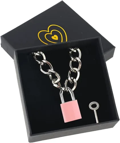 Vista 4 de Collar con candado de corazón, collar de metal con candado, gargantilla para hombres y mujeres con cerradura y llave A1