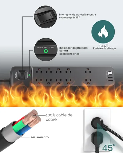 Vista 7 de Addtam - Regleta de alimentación con 10 tomas y 4 puertos USB (2 USB C), 2700J, 6 pies Extension Cord with Multiple Outlets, Surge Protector Power