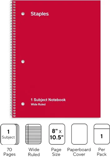 Vista 2 de Staples 1 Subject cuaderno con renglones anchos, 8 pulgadas x 10-1/2 pulgadas, rojo