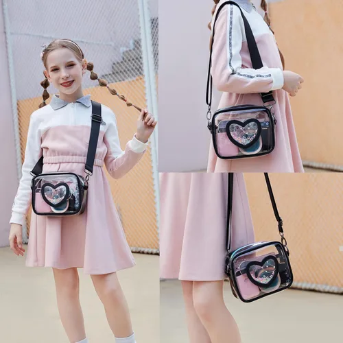 Vista 2 de Bolso cruzado transparente para mujeres y niñas, aprobado por el estadio, para niños, bolso en forma de corazón, cartera pequeña, bolsa para monedas