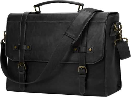 Vista 9 de RAINSMORE Bolsa de mensajero para hombre de 17 pulgadas, impermeable, de piel vintage, maletín para laptop, bolsa grande para laptop, cartera, bolsa