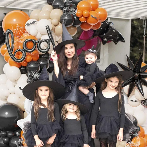 Vista 5 de Kit de arco de guirnalda de globos de Halloween Little BOO, 151 piezas de globos de látex blanco retro naranja quemado negro con globo de aluminio