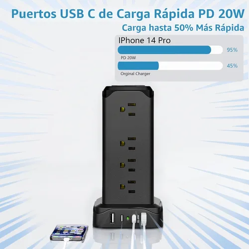 Vista 5 de PASSUS - Regletas de alimentación con protección contra sobretensiones, cable de extensión plano de 6 pies con múltiples tomas, torre de 16 tomas