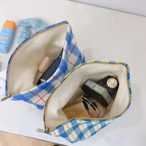 Vista 4 de Wudygirl Bolsa de maquillaje de lona para mujer, organizador estético de maquillaje, bolsa de maquillaje de viaje, bolsa de aseo para bolso, bolsa