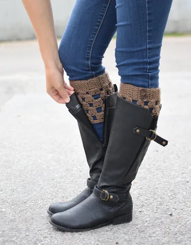 Vista 2 de Calentadores de piernas Invierno Arranque Puños diseño de cuadros y de Ganchillo con botones para mujer