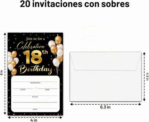Vista 2 de Tarjetas de invitación de cumpleaños número 18 con sobres, tarjetas de invitación de fiesta de cumpleaños en blanco, para hombres, mujeres, jóvenes