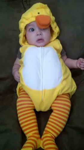 Vista 6 de Xdftwdmgqe Disfraz de pato para bebé niño y niña, enterizo de franela, enterizo de animal, con capucha, disfraz de dibujos animados, para Halloween