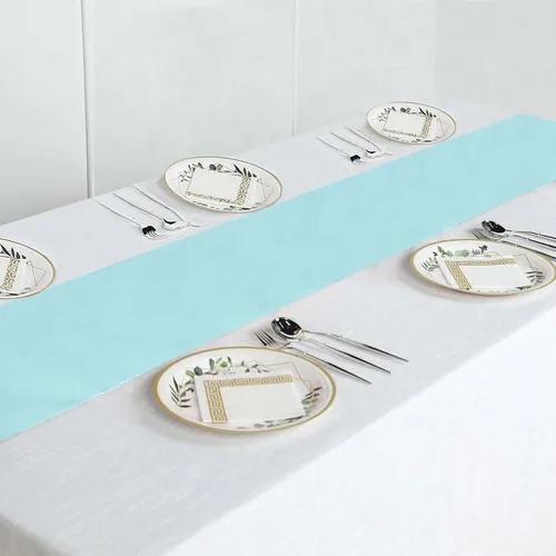 Vista 7 de Efavormart - Camino de mesa de poliéster de alta calidad azul claro para bodas, fiestas de cumpleaños, banquetes, decoración, ajuste rectangular