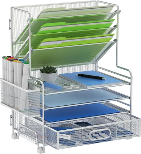 Vista 10 de MINDEPOT Organizador de papel de 4 niveles + soporte para archivos de 3 bolsillos + cajón + soportes para bolígrafos, organizador de archivos