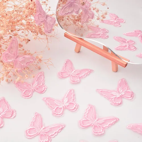 Vista 3 de Apliques de mariposa de encaje rosa para coser en parches de encaje de doble capa para accesorios de cabello de novia (rosa, 12 unidades)