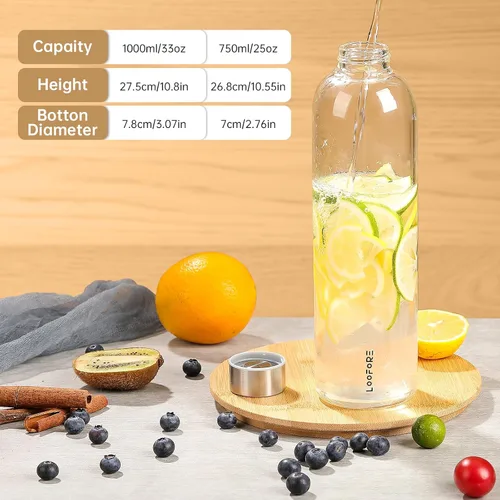 Vista 5 de Botellas de agua de vidrio de 32 oz, 1 litro / 1000ml botellas de vidrio para beber con tapas, botella de agua reutilizable grande de borosilicato