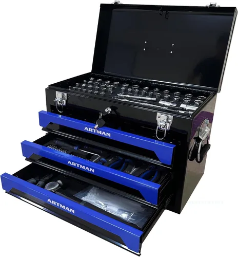 Vista 10 de pouseayar Juego de herramientas y caja de herramientas mecánicas con mango y caja de metal resistente de 3 cajones, kits de herramientas de 339 Negro