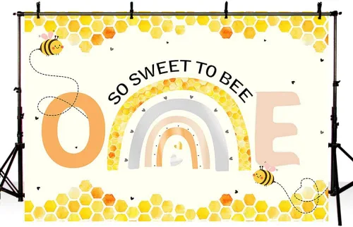 Vista 4 de AIBIIN Telón de fondo de 7 x 5 pies para niña, decoración de fiesta de primer cumpleaños de abeja, fondo de fotografía, fondo bohemio, arco iris