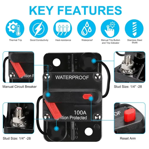 Vista 5 de Portafusibles de 100 amperios, disyuntor de audio, inversor de fusibles de restablecimiento, soporte de fusible de 12 V-48 V CC, reemplazar