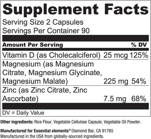 Vista 7 de Elementos Esenciales Magnesio Plus Zinc con Vitamina D3 Científicamente Formulado para Apoyo al Corazón, Huesos y Músculos Complejo de Magnesio