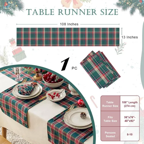 Vista 5 de Camino de mesa a cuadros de Navidad de búfalo, camino de mesa rectangular de cuadros de Navidad para decoración de mesa de cena de fiesta de Navidad