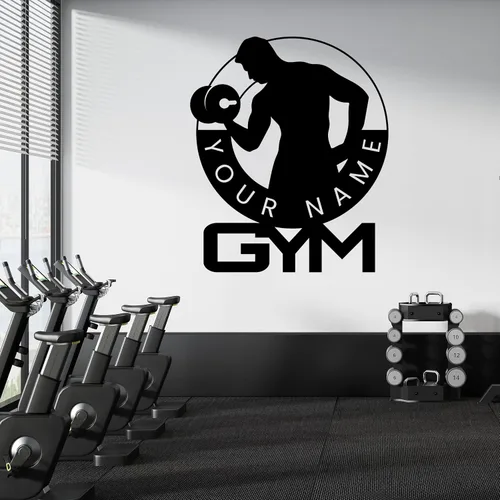 Vista 3 de Dibujo de culturista personalizado con logotipo de gimnasio – Deportista con pintura de peso gimnasio personalizado – Culturista en marco redondo