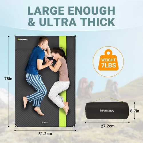 Vista 3 de FUNDANGO Colchoneta de dormir doble autoinflable para acampar con almohada incorporada, colchón inflable de espuma portátil ligero grande para 2