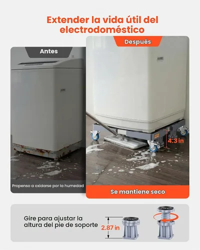 Vista 5 de VEVOR Soporte para Mini Nevera, Carrito Ajustable de 16''-25'' Base para Lavadora con 4 Pies Resistentes, 4 Ruedas Giratorias con Bloqueo, Base