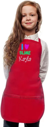 Vista 6 de Delantal personalizado para niños con diseño de bordado I Love Slime Rosa encendido