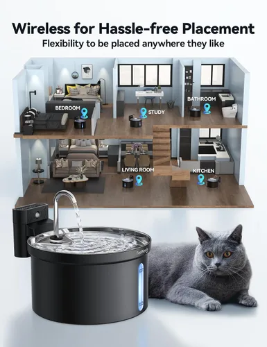 Vista 2 de Fuente de agua inalámbrica para gatos [Separación de agua y batería] FEELNEEDY Fuente para gatos operada por batería de 4000mAh, fuente