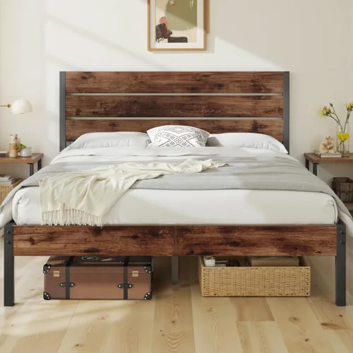 Vista 9 de Fluest Base de cama con cabecera y estribo, con almacenamiento debajo de la cama, sistema de soporte totalmente metálico, no necesita somier, fácil