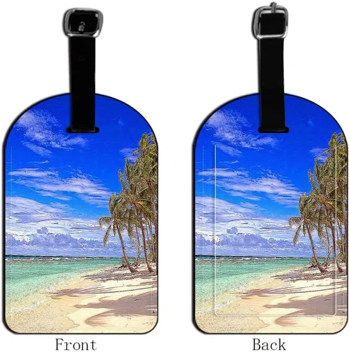 Vista 6 de Etiquetas de equipaje de vacaciones con nubes tropicales de playa, isla y cielo, tarjetas de equipaje de mano, de cuero, para maletas de viaje