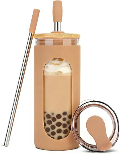 Vista 25 de Sursip - Vaso de vidrio de 20 oz con tapas y popotes, taza de café helado reutilizable de vidrio de borosilicato con tapa de bambú para batido, jugo