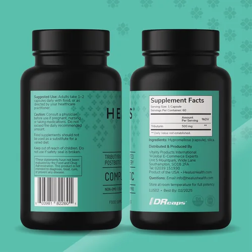 Vista 6 de Healus Suplemento posbiótico a base de tributirina biótica completo. Absorción avanzada patentada. Butirato para la salud intestinal. Cápsulas