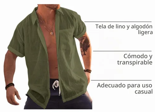 Vista 4 de Bbalizko - Camisas de manga corta para hombre con botones, de lino y algodón, para la playa, con cuello abierto, lisas, de verano, con bolsillo