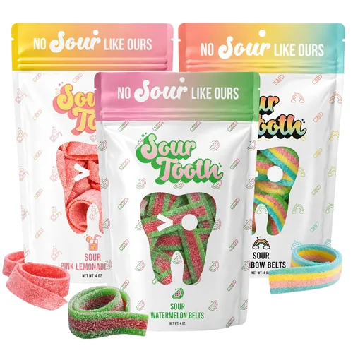 Vista 19 de Sour Tooth Cinturones de fresa, tiras de caramelo de gomitas ácidas masticables, paquete de 6, 4 onzas Soft & Chewy Strips, Sour Candy Bulk, Bulk