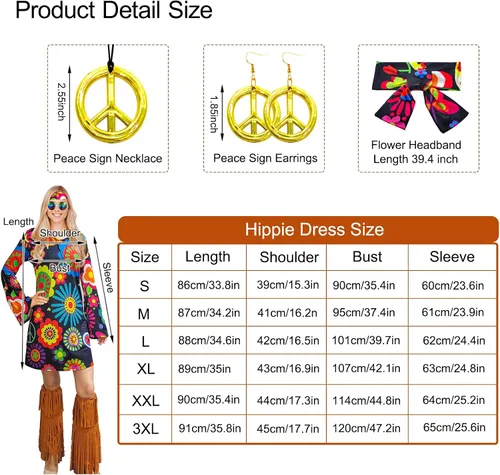 Vista 6 de ATAMET Disfraz hippie de los años 60 y 70 para mujer, ropa hippy, vestido de discoteca para adultos, disfraz de fiesta de los años 70