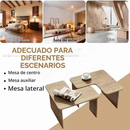 Vista 5 de Juego de 2 mesas de centro anidables modernas, de madera natural, en forma de L, para sala de estar, mesa auxiliar pequeña con mesa central ligera
