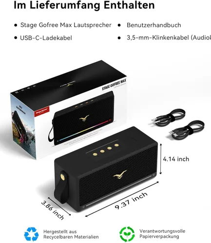 Vista 9 de Altavoz Bluetooth, altavoz retro StageSound inalámbrico, altavoz portátil con refuerzo de graves, 80 W, IP67 impermeable, luces LED, emparejamiento
